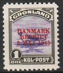 FRIMÆRKER GRØNLAND | 1945 - AFA 17 - AMERIKANER UDGAVEN "DANMARK BEFRIET" - 1 øre grøn/violet - Ubrugt